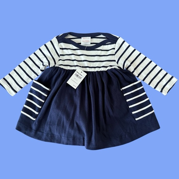 NWT Hanna Andersson baby girl 3-6 months Navy Blue Striped Bodysuit Dress New - Picture 1 of 5